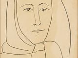 an old drawing of a woman with a scarf on her head