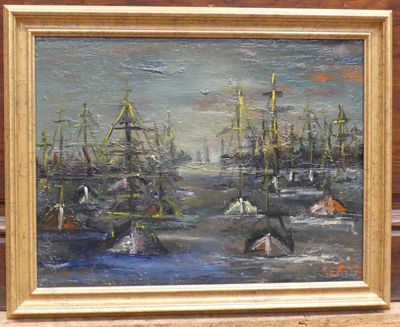 a painting of a harbor scene with boats in the water