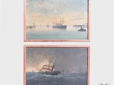 deux tableaux représentant des bateaux sur un plan d'eau, avec le ciel en arrière-plan