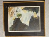 un tableau représentant deux personnes avec des parapluies, accroché au mur