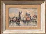 an image of a painting of a harbor scene with sailboats in the water