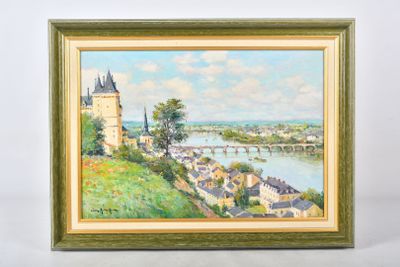 an oil painting of a view of a town and a river