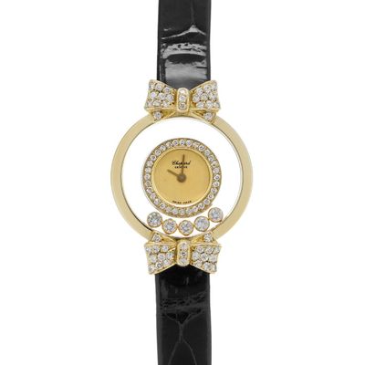 a lady ' s wrist watch with a black leather strap and a gold plated case