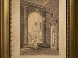 an old picture of a room with a staircase and a doorway