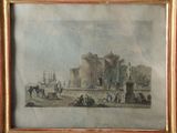 painting of a view of a castle with a horse drawn carriage in the foreground and a horse drawn carriage in the foreground