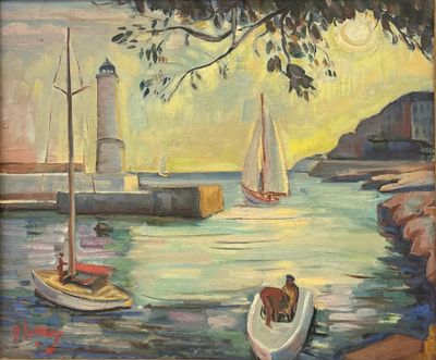 tableau représentant des bateaux dans un port, avec un phare en arrière-plan