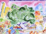 une aquarelle représentant un arbre au milieu d'un parc