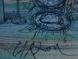 a drawing of a clock on a table next to a glass of wine