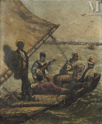 a painting of a group of people on a boat in the water