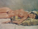 painting of a nude woman laying on a pillow on a bed