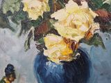 a painting of yellow roses in a blue vase on a table