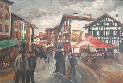 un tableau représentant des personnes marchant dans une rue d'une ville
