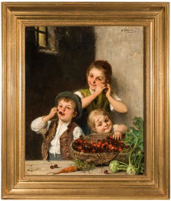 an image of a painting of three children with a basket of vegetables