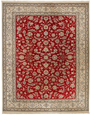 a red and beige rug with a floral design