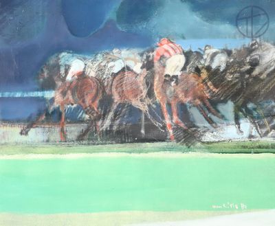 un tableau représentant un groupe de chevaux en pleine course sur une piste