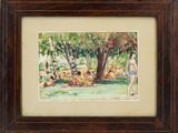 framed watercolor painting of a woman and a dog in a park