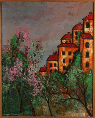 une peinture représentant une peinture d'un bâtiment avec des arbres devant