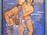 a painting of two people standing in the water