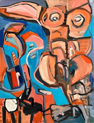 une peinture abstraite représentant un homme jouant de la guitare et une femme jouant du violon