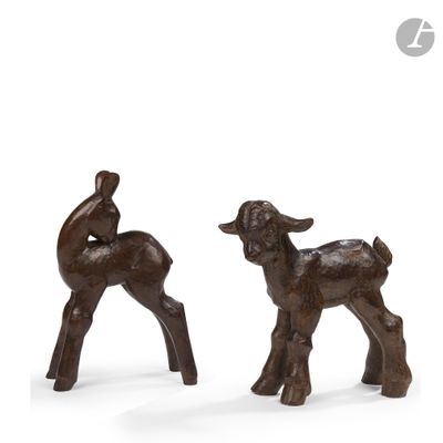paire de figurines en bronze représentant un cerf et un faon