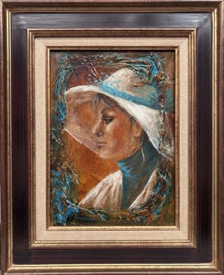 painting of a woman in a white hat and blue dress