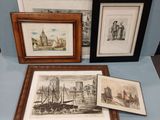 three framed pictures of boats and buildings on a blue surface