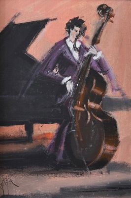 une peinture à l'huile représentant un homme en costume violet jouant de la contrebasse