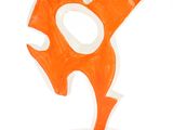 an orange and white sculpture of a bird on a stand