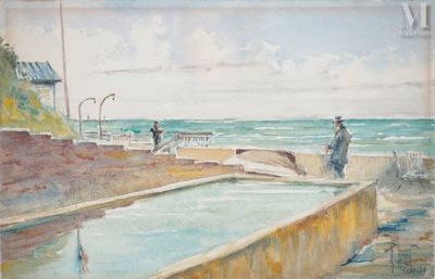 un tableau représentant un homme debout au bord d'une piscine