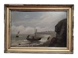 an oil painting of a boat on the water near a rocky shore