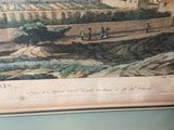 painting of a view of a town and a river with a man in a boat