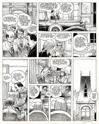 une bande dessinée en noir et blanc mettant en scène un homme en costume en train de parler à une femme