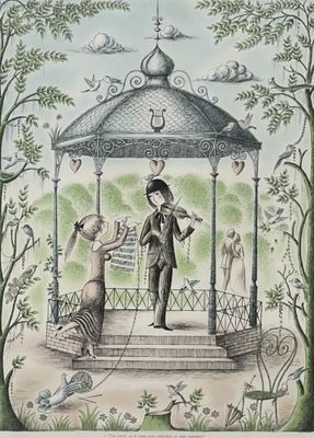 un dessin représentant un homme et une femme jouant de la musique dans un kiosque