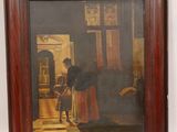 an old painting of a man in a room with a dog