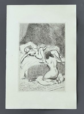 un dessin représentant deux nus allongés sur un lit