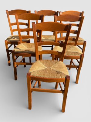 SUITE de 6 chaises en bois clair, assise en paille - Photo 1