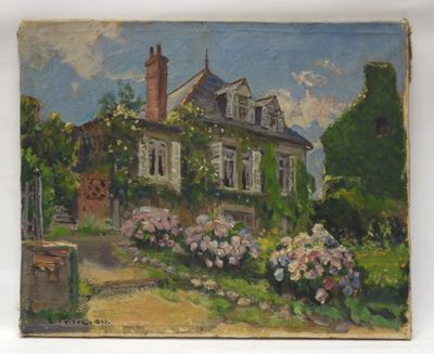 une peinture à l'huile représentant une maison avec un jardin devant elle