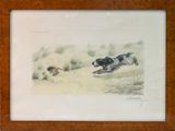 painting of a dog chasing a duck in the sand