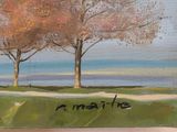 an oil painting of a couple of trees on a grassy field