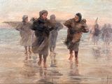 tableau représentant un groupe de personnes marchant sur une plage, avec un bateau en arrière-plan