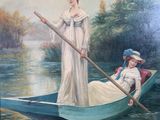 a painting of a woman and a child in a boat on the water