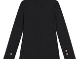 a black blazer jacket with gold buttons on the shoulders