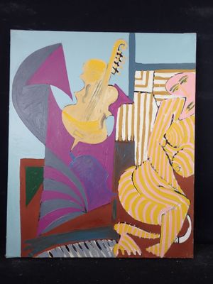 tableau représentant une femme assise sur une chaise, avec une guitare devant elle