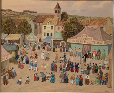 a painting of a crowd of people in a town square