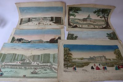 quatre gravures anciennes colorées à la main représentant des bâtiments et des personnes dans un parc