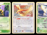 three different pokemon cards are shown in a row on a black background