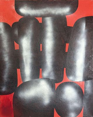 une image représentant un tableau composé de formes noires et rouges sur un fond rouge