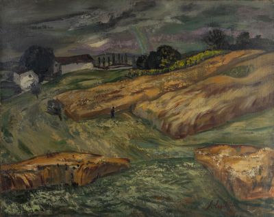 une image représentant un tableau illustrant une scène de vie à la ferme, avec un arc-en-ciel dans le ciel
