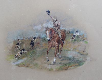 un tableau représentant un homme à cheval, avec un chien à ses côtés