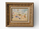 une peinture à l'huile représentant une scène de plage avec des gens sur le sable